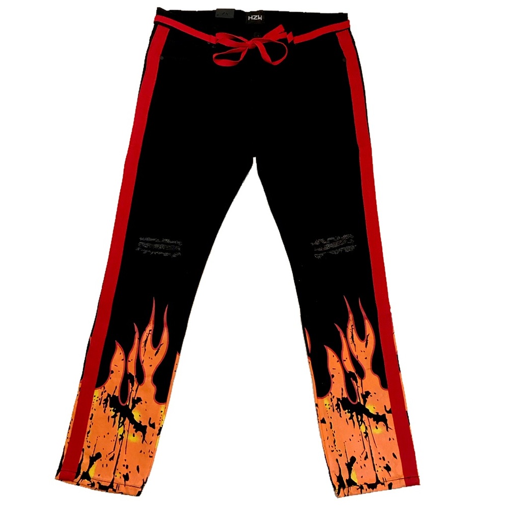Men’s “Black-Red Flame” jeans. Sizes 32, 34, 36, 38, and 40.